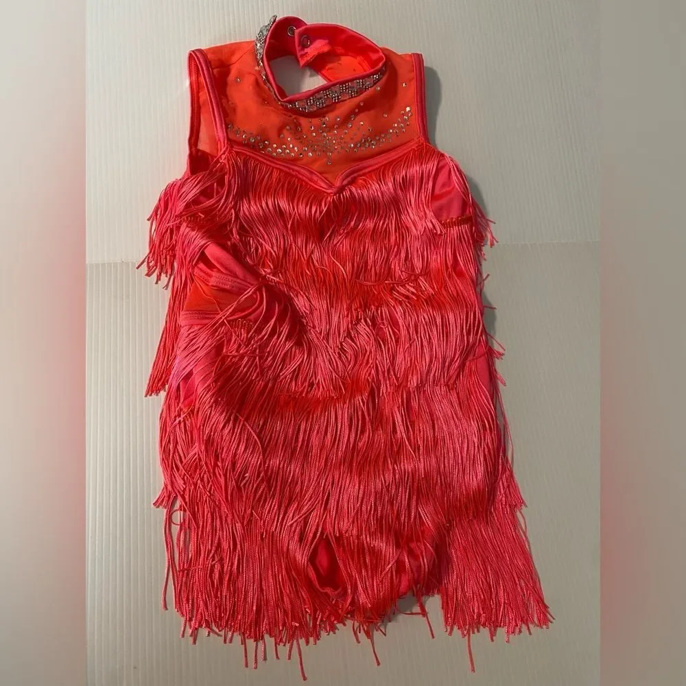 WEISSMAN Dance Costume stoned fringe coral pink Call Me 16736 IC- child 7/8